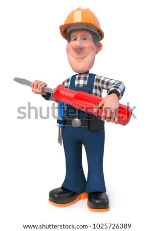 3D illustration of funny engineer plumber character engaged in repair/3d illustration Builder worker in overalls