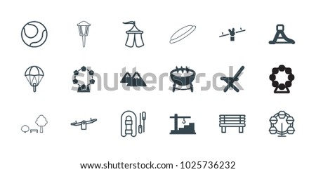 Outdoor icons. set of 18 editable filled and outline outdoor icons: barbecue, outdoor chair, waterslide, mountain, construction  crane, swing, parachute, carousel