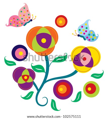 A decoration of blooming flowers decorated with dotted butterfly flying around.