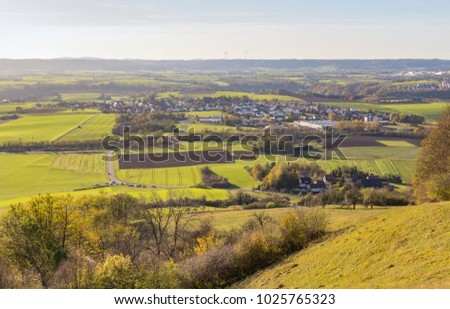high angle view around a hill named Einkorn near Schwaebisch Hall in the evening at autumn time