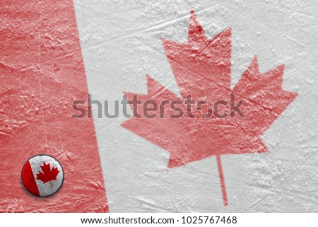 An image of the Canadian flag and on ice and a hockey puck. Concept, hockey