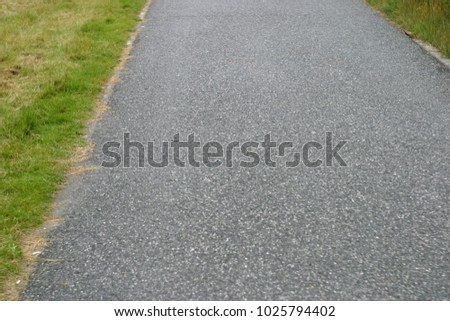 Gray asphalt road, pavement and lawn with green grass. Summer and autumn background 