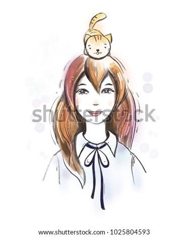 Fashion sketch of a cute kitty sitting on a girl's head. The young girl is smiling. Color pencil drawing illustration, isolated on white background.