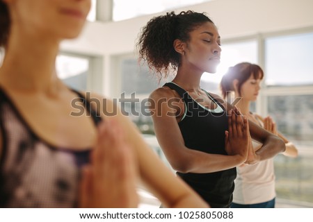 Fit young woman practice yoga with friends. Fitness female doing yoga meditation indoors in gym class. Royalty-Free Stock Photo #1025805088