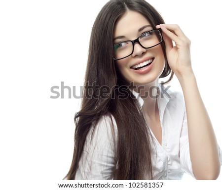 portrait of attractive  caucasian smiling woman isolated on white studio with glasses