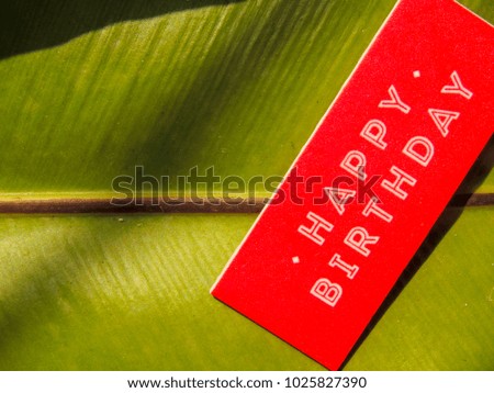 Red Label Or Tag On Green leaf of a tropical plant Background With English Text Happy Birthday Vintage Retro Or Rustic Style