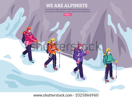 Mountaineering winter background with expedition of alpinists going in conjunction on snow isometric vector illustration 