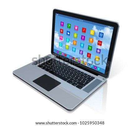 3D Laptop Computer - apps icons interface - isolated on white with clipping path