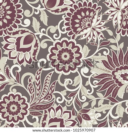 Floral seamless pattern with indian ornament. Vector illustration in asian textile style 