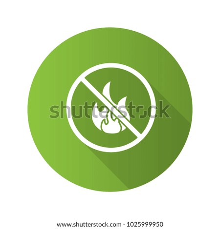 Forbidden sign with fire flat design long shadow glyph icon.  No bonfire prohibition. Raster silhouette illustration