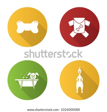 Pets suuplies flat design long shadow glyph icon. Dog's bone toy, pets clothes, grooming service, rubber chicken. Raster silhouette illustration