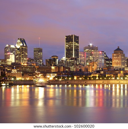 Montreal skyline at dusk, Saint Lawrence River