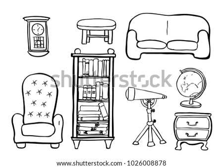 Ready to print vector coloring page of the furniture for library room with armchair, globe, telescope and other equipment