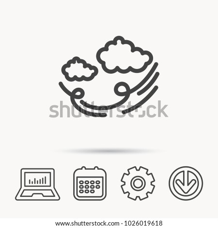 Wind icon. Cloud with storm sign. Strong wind or tempest symbol. Notebook, Calendar and Cogwheel signs. Download arrow web icon. Vector