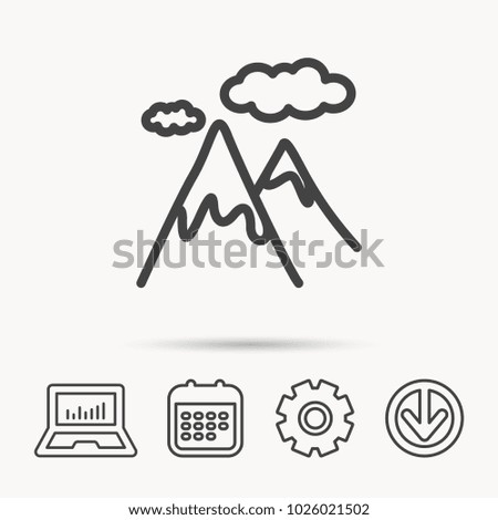 Mountain icon. Hills and clouds sign. Climbing travel symbol. Notebook, Calendar and Cogwheel signs. Download arrow web icon. Vector