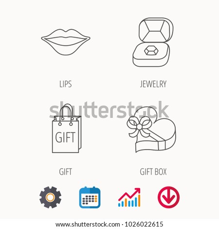 Gift box, lips kiss and wedding jewelry icons. Present linear sign. Calendar, Graph chart and Cogwheel signs. Download colored web icon. Vector