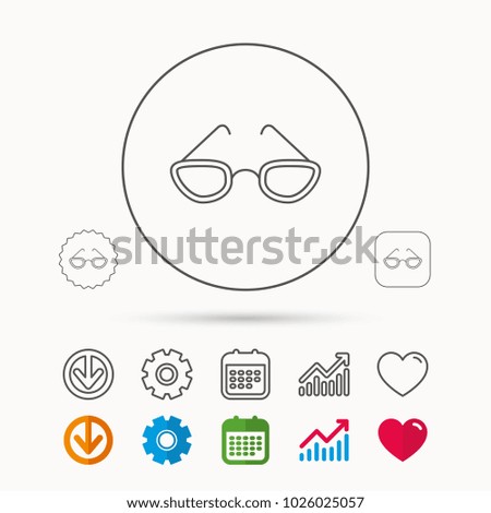 Glasses icon. Reading accessory sign. Calendar, Graph chart and Cogwheel signs. 