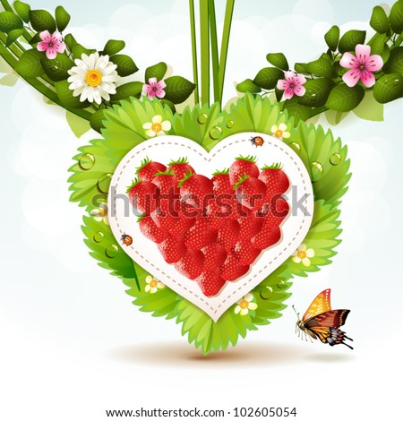 Heart of strawberry with leafs