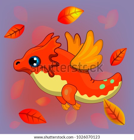 Cartoon fantasy comic dragon character. Bright orange and yellow little monster flying with angel wings. Little cute cartoon flying through autumn fog, wind  and fallen leaves. 