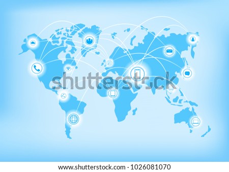 Media network connecttion over world map background, communication concept, vecto