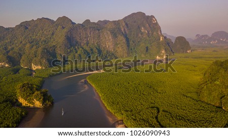 Aerial view of Ao Thalane near Krabi, Ao Tha Lane famous place for kayak on the river with mountain and mangrove forest, Krabi, Thailand.
