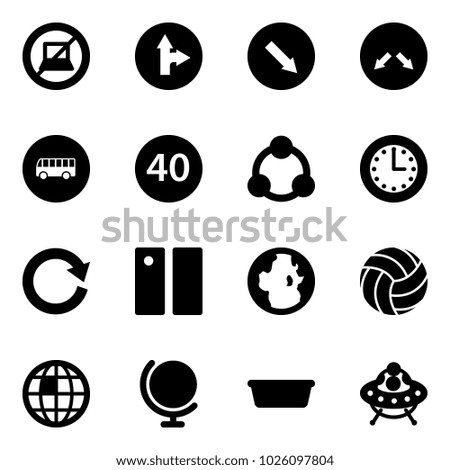Solid vector icon set - no computer sign vector, only forward right road, detour, bus, minimal speed limit, social, time, reload, pause, globe, volleyball, basin, ufo toy