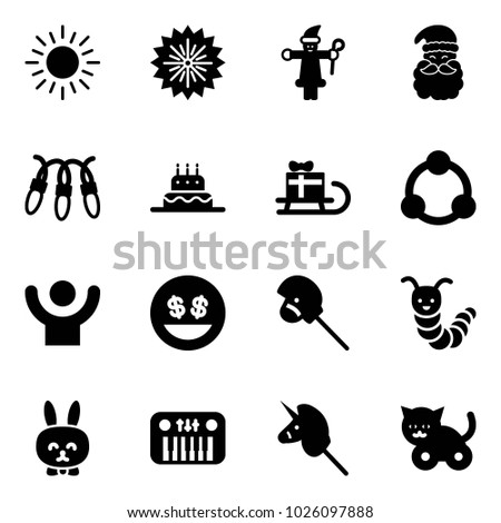 Solid vector icon set - sun vector, firework, santa claus, garland, cake, sleigh gift, community, success, money smile, horse stick toy, caterpillar, rabbit, piano, unicorn, cat