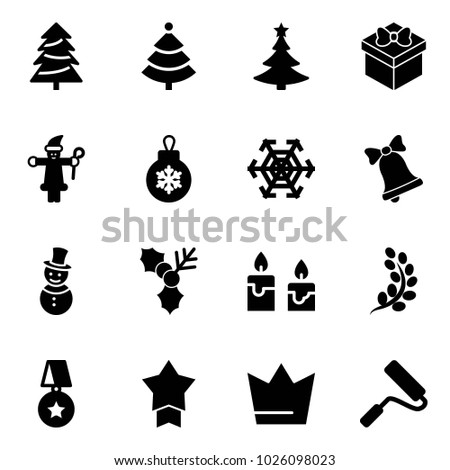 Solid vector icon set - christmas tree vector, gift, santa claus, ball, snowflake, bell, snowman, holly, candle, golden branch, star medal, crown, paint roller