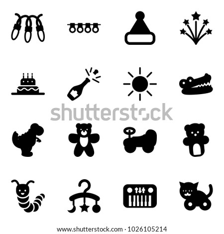 Solid vector icon set - garland vector, christmas hat, firework, cake, champagne, sun, crocodile, dinosaur toy, bear, baby car, caterpillar, carousel, piano, cat