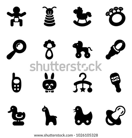 Solid vector icon set - baby vector, pyramid toy, rocking horse, beanbag, wheel, phone, rabbit, carousel, duck, giraffe, soother