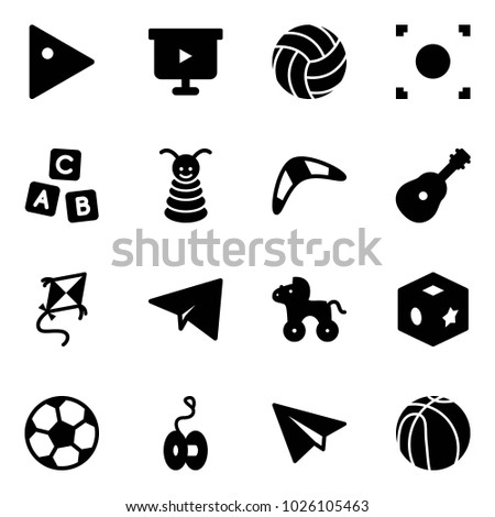 Solid vector icon set - play vector, presentation board, volleyball, record button, abc cube, pyramid toy, boomerang, guitar, kite, paper plane, wheel horse, soccer ball, yoyo, basketball