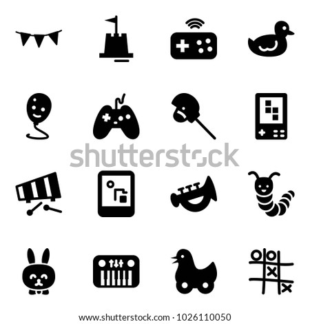 Solid vector icon set - flag garland vector, sand castle, joystick wireless, duck toy, balloon smile, horse stick, game console, xylophone, horn, caterpillar, rabbit, piano, Tic tac toe