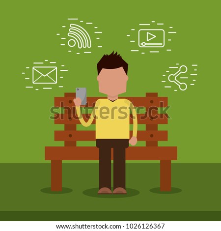 man sitting in the bench using smartphone media icons