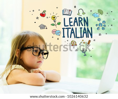 Learn Italian text with little girl using her laptop