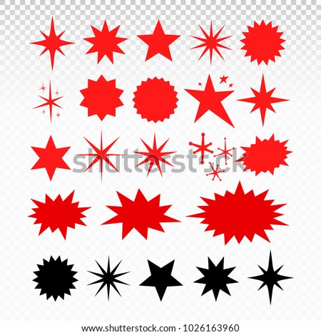 Set of fashionable forms of red retro Stars. Flat design elements sunburst. Best for sale sticker, price tag, quality mark. Beans firework. Vector illustration. Isolated on transparent background.