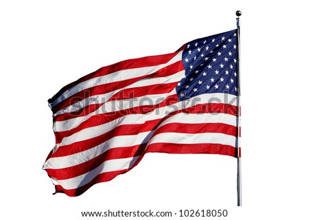 Large U.S. Flag "Old Glory" blowing in a strong wind - isolated on white background