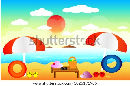 sea beach summer holiday to happy vacation, blue sea , gold sand beach, umbrella  and cap use protect UV, vector art and illustration.