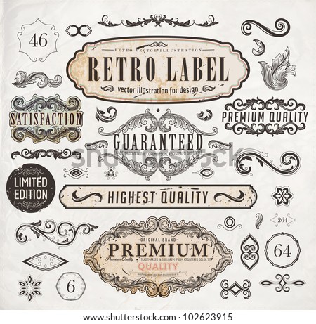vector set: calligraphic design elements and page decoration, Premium Quality and Satisfaction Guarantee Label collection with black grungy rust design