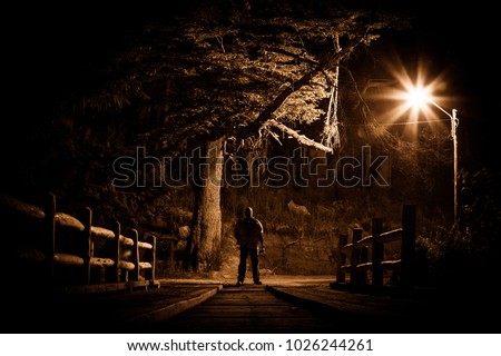 Night stalker concept. Man standing on wood bridge under street light in dark night Royalty-Free Stock Photo #1026244261