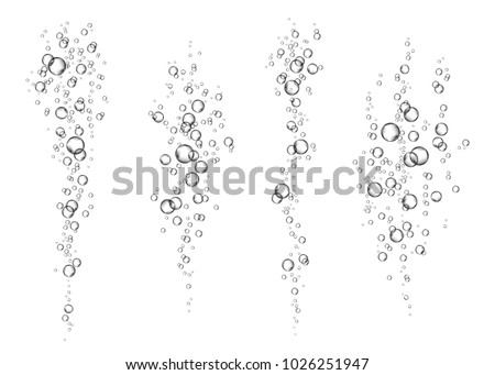  Underwater fizzing air bubbles  stream on white  background. Fizzy sparkles in water, sea, aquarium. Soda pop. Champagne. Effervescent drink. Undersea vector texture. Royalty-Free Stock Photo #1026251947