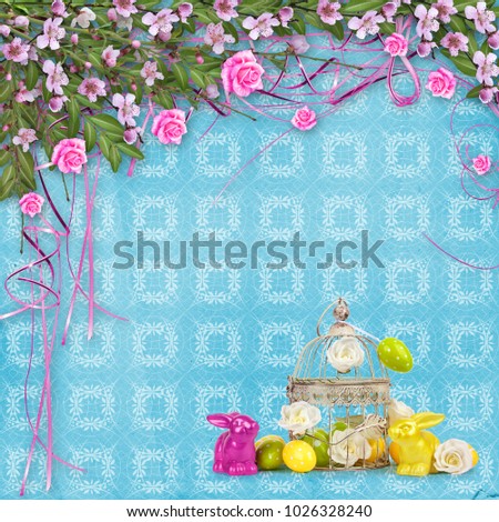 Easter eggs and funny bunny  on abstract blue background