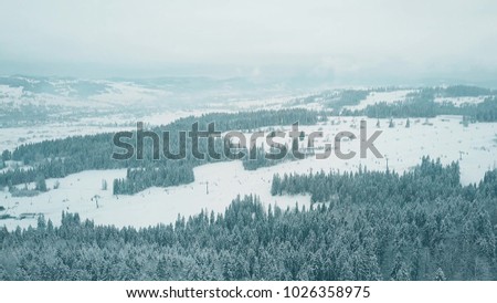 Aerial shot of a ski resort slopes in southern Poland, the Tatra mountains