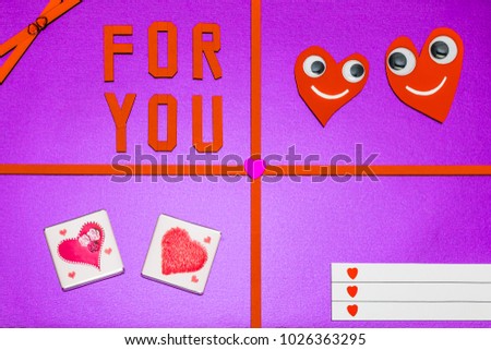 Greeting card "Hearts with eyes + For You" on colored background