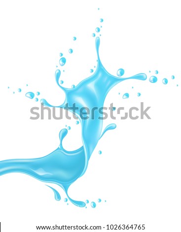 Water splash, blue paint spray realistic vector. 3d liquid, summer tropical vacation drink symbol Fresh vitamin sweet liquid flowing in motion, isolated illustration white background