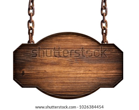 Wooden sign in dark wood hanging on a chain isolated Royalty-Free Stock Photo #1026384454