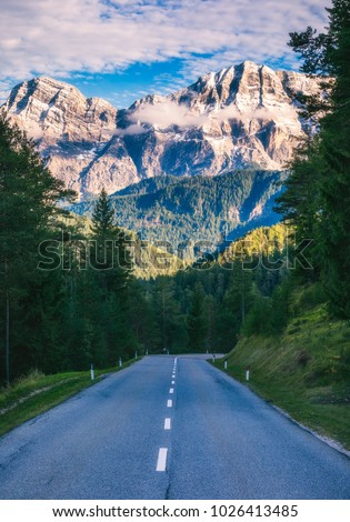 Dolomite Alps in Italy. Beautiful day. The road passes in the coniferous forests at the foot of limestone and dolomite rocks. The concept of active and car tourism Royalty-Free Stock Photo #1026413485