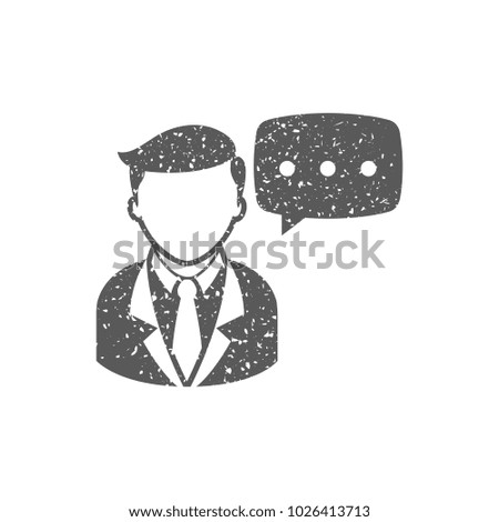 Businessman with text bubble icon in grunge texture. Vintage style vector illustration.