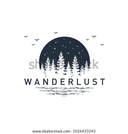 Hand drawn travel badge with pine trees textured vector illustration and "Wanderlust" inspirational lettering.
