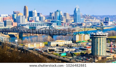 Cincinnati colorful skyline city view downtown with bridges, river front and freeways, looking from Covington Kentucky 2018 