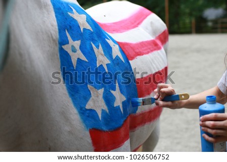 American flag painted on a horse. 